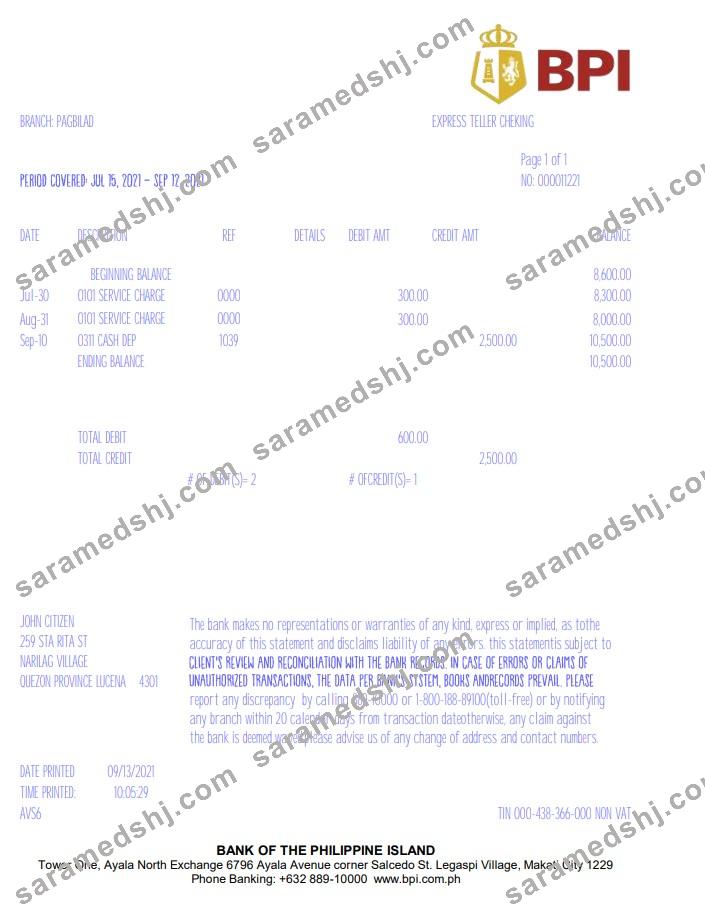Philippines Bank of the Philippine Islands (BPI) bank statement template in Excel and PDF format, version 2